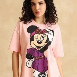 Kazo Women Mickey & Minnie Graphic Printed Round Neck Cotton Relaxed Fit T-shirt-image-47