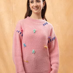 GFO Women Round Neck Embroidered Woollen Pullover Sweaters With Applique Detail-picture-49
