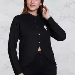 urban street Women Solid Mandarin Neck Black Sweater-picture-19