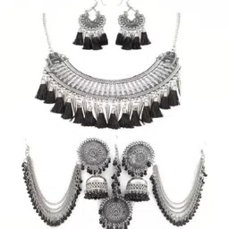 Nermosa Set of 2 Silver-Plated Oxidised & Beaded Jewellery Set-picture-21