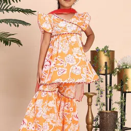 Cutiekins Girls Floral Printed Regular Gotta Patti A-Line Kurta with Sharara & Dupatta-picture-16