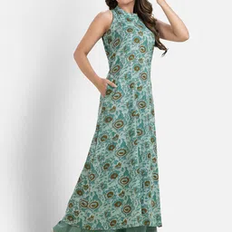 Crazy Needle Printed Sleeveless Pure Cotton A-Line Kurta With Palazzos image 3