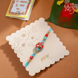 Sangria Artificial Stones and Beaded Om Thread Rakhi with Roli Chawal Chandan & Mishri-picture-30