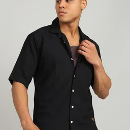 FUBAR Men Cuban Collar Textured Solid Linen Slim Fit Casual Shirt image 1