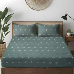 WEAVE AND DECOR Green & Pink Floral 300 TC Bedsheet with 2 Pillow Covers-image-50