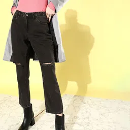 Roadster Women Charcoal Straight Fit Cotton Slash Knee Jeans-image-71
