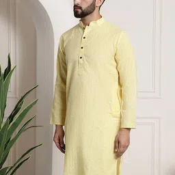 SOJANYA Men Yellow Dobby Self-Checked Straight Kurta image 3