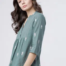 Vishudh Green Printed Mandarin Collar Pure Cotton Empire Top image 3