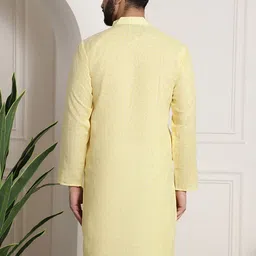 SOJANYA Men Yellow Dobby Self-Checked Straight Kurta image 4