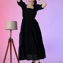 femvy FemvyWomen Square Neck Tiered Puff Sleeves Fit & Flare Midi Dress-picture-25