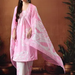 DERAIL Floral Printed Thread Work Pure Cotton Straight Kurta With Palazzos & Dupatta image 3
