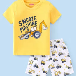 Babyhug Cotton Knit Half Sleeves Night Suit With JCB & Text Print - Yellow & White-picture-20