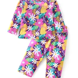 Babyhug Cotton Knit Full Sleeves Night Suit With Floral Print - Purple & Pink-picture-37