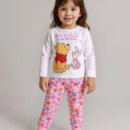 Babyhug Disney Single Jersey Knit Full Sleeves Night Suit with Winnie & Friends Graphic - White & Pink-picture-17
