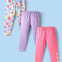 Babyhug Cotton Knit Full Length Leggings With Floral & Polka Dots Print Pack Of 3 - Purple Pink & White-picture-23