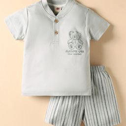Zero Sinker Knit Half Sleeves Shorts Night Suit with Teddy Print & Stripes - Silver-picture-27