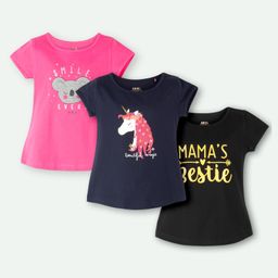Ariel Cotton Knit Pack Of 3 Half Sleeves Koala Embroidered & Typography Printed Tops - Pink Navy Blue & Black-picture-38