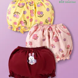 Babyoye Cotton Elastane Knit Bloomers with Floral & Bunny Print Pack of 3 - Maroon Pink & Yellow-image-6