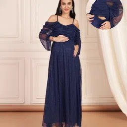 Shades Of Sabi Net Woven Cold Shoulder Shimmer Detailed Maternity Dress With Side Zipper Nursing Access - Blue image 1