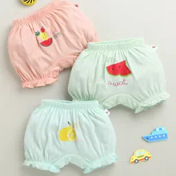 BUMZEE Cotton Knit Pack Of 3 Fruits Printed Bloomers - Peach & Mint Green-image-32