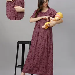 Quira Woven Half Sleeves Floral Printed Maternity Nighty With Side Zipper Nursing Access - Maroon-picture-28