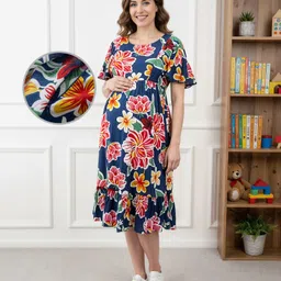 Bella Mama Woven Half Flutter Sleeves Maternity Dress With Floral Print - Navy Blue-picture-14