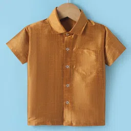 Dapper Dudes Half Sleeves Solid Shirt With Mundu & Angavastram Set - Mustard image 2