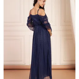 Shades Of Sabi Net Woven Cold Shoulder Shimmer Detailed Maternity Dress With Side Zipper Nursing Access - Blue image 3