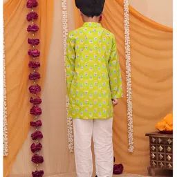 AJ Dezines Cotton Woven Full Sleeves Floral Printed Kurta Pyjama Set - Green image 3