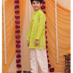 AJ Dezines Cotton Woven Full Sleeves Floral Printed Kurta Pyjama Set - Green image 4