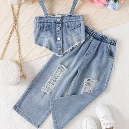 LULU & SKY Girls Self Design Shoulder Straps Top With Trousers-picture-33