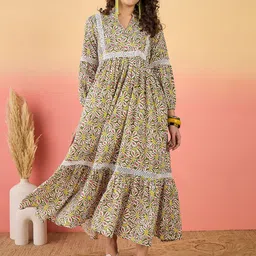 Sangria Floral Printed Pure Cotton Tiered Maxi Dress-image-18