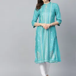 W Women Blue & Off-White Floral Printed Straight Kurta-image-38