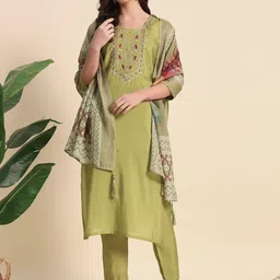 NE STYLE Sequinned Embroidered Round Neck Pure Silk Kurta With Trousers & Dupatta-picture-14