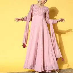 Inddus Women Pink Floral Embroidered Thread Work Georgette Anarkali Kurta With Dupatta image 2