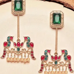 OOMPH Kundan Studded Peacock Shaped Jadau Drop Earrings-image-42