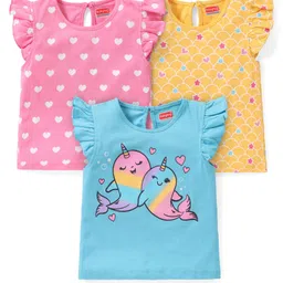 Babyhug Cotton A-Line Half Sleeves Tops With Hearts Graphics Pack of 3 - Light Blue Pink & Yellow-image-79