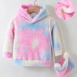 Kookie Kids Full Sleeves Hooded Fur Sweatshirt with Tie & Dye Design & Sling Bag - Pink-image-80