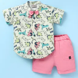 Dapper Dudes Half Sleeves Dinosaur Printed Shirt With Bow & Shorts - Lemon Yellow-picture-19