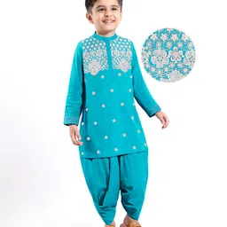 Babyhug Woven Full Sleeves FloralEmbroidered Kurta Dhoti Set -Light Blue-picture-25