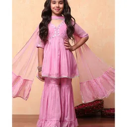 BIBA Half Sleeves Floral Embroidered & Lace & Sequins Embellished Kurta & Sharara With Dupatta Set - Pink-picture-22