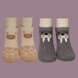 Yellow Bee Cotton Pack Of 2 Walrus & Giraffe Designed Socks Set - Grey & Beige-picture-22