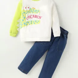 Googo Gaaga Cotton Full Sleeves Dinosaur Printed & Applique Detailed Sweatshirt Joggers Set - Cream image 1