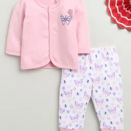 BUMZEE Cotton Full Sleeves Floral & Butterfly Printed Jhabla & Joggers Set - White & Pink-picture-21