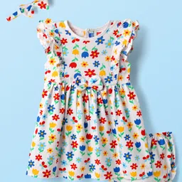 Babyhug Single Jersey Knit Frill Sleeves Frock with Bloomer & Hairband with Floral Print & Bow Applique - White-picture-14