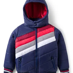 Pine Kids Woven Full Sleeves Striped Hooded Padded Jacket - Navy Blue-image-87