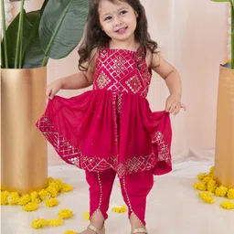 Titrit Georgette Woven Sleeveless Mirror Work Detailed Sequins Embellished Kurti & Dhoti Set - Pink-picture-40
