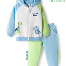 Babyoye 100% Cotton Knit Full Raglan Sleeves Hooded Colour Blocked Winter Wear Suits With Dino Print - White Light Blue & Light Green-picture-12
