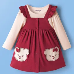 Babyoye 100% Cotton Interlock Knit with Eco Jiva Finish Full Sleeves Inner Tee & Front Open Frock with Bear Print & Bow Applique - Maroon & Cream-picture-19