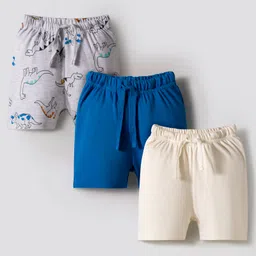 Bonfino 100% Cotton Knit Shorts Solid & Dino Printed Pack of 3 - Grey Off White & Blue image 1